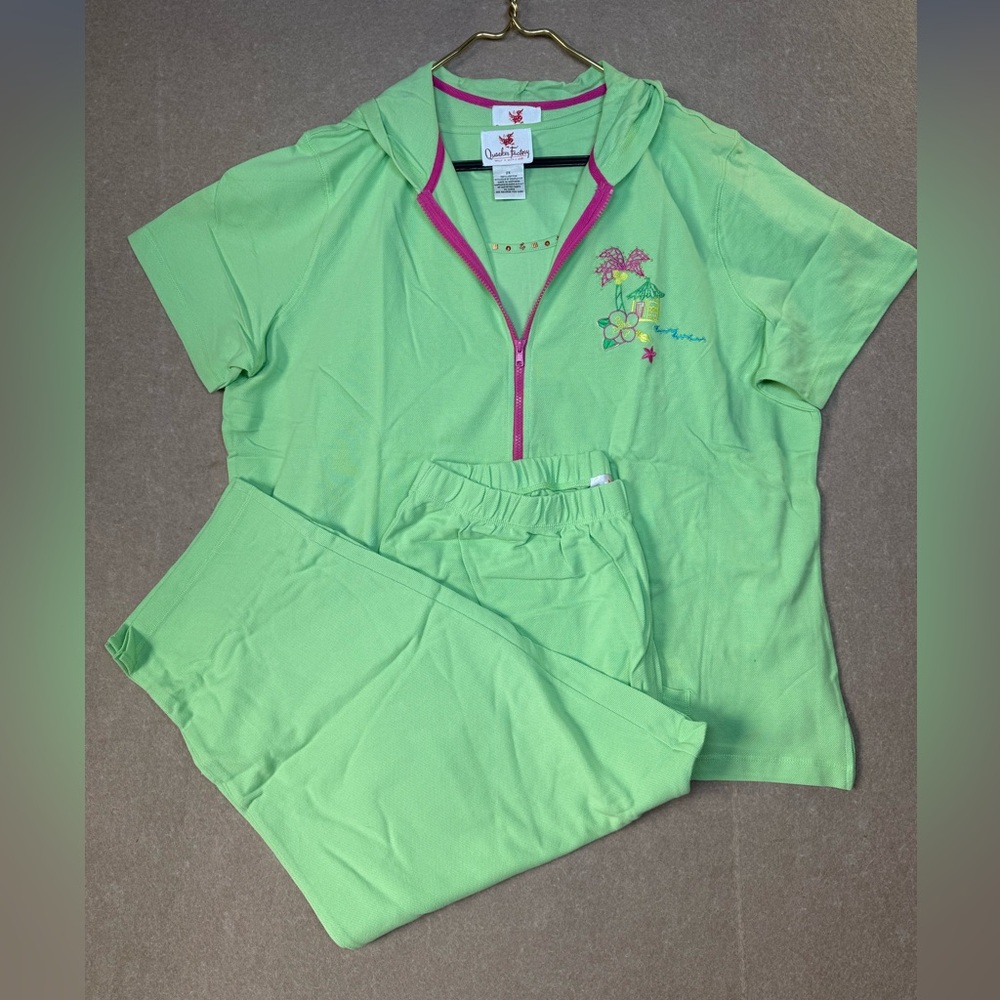 Quacker Factory Beach Scene Palm Cut Out Hoodie Set 3 Piece Lime Green  Size 2X